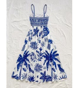 FCSE6624001 Brand New Blue and White Floral Print Strapless Backless Sexy Dress