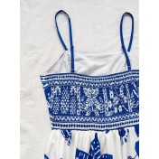 FCSE6624001 Brand New Blue and White Floral Print Strapless Backless Sexy Dress
