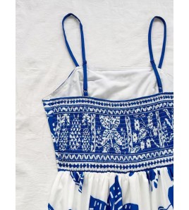 FCSE6624001 Brand New Blue and White Floral Print Strapless Backless Sexy Dress