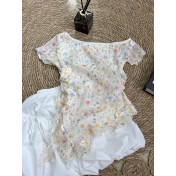 FCSE668001 法式甜美碎花荷葉邊不規則氣質小衫女夏季新款設計感修身短袖上衣