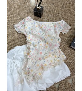 FCSE668001 法式甜美碎花荷葉邊不規則氣質小衫女夏季新款設計感修身短袖上衣