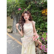 FCSE668001 法式甜美碎花荷葉邊不規則氣質小衫女夏季新款設計感修身短袖上衣