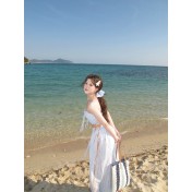 HSPN6601001 泰式椰藍夏日泰國海島淺藍色印花抹胸分體寬褲度假拍照泳衣