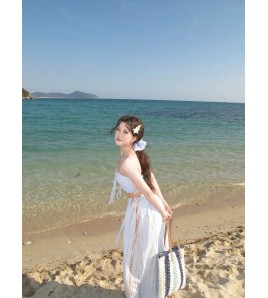 HSPN6601001 泰式椰藍夏日泰國海島淺藍色印花抹胸分體寬褲度假拍照泳衣