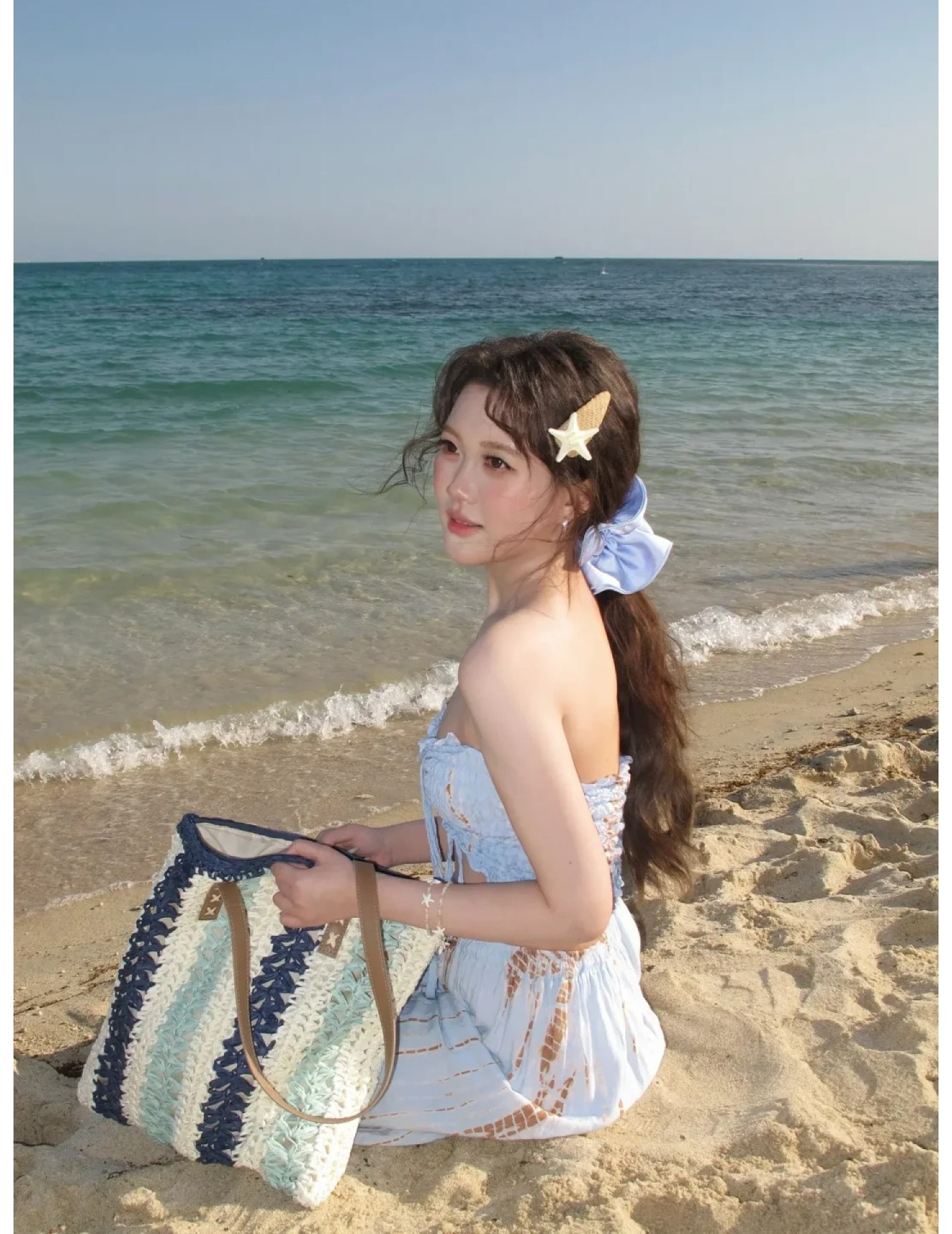 HSPN6601001 泰式椰藍夏日泰國海島淺藍色印花抹胸分體寬褲度假拍照泳衣