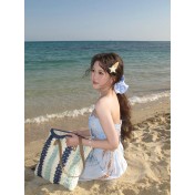 HSPN6601001 泰式椰藍夏日泰國海島淺藍色印花抹胸分體寬褲度假拍照泳衣