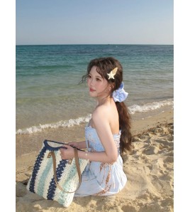 HSPN6601001 泰式椰藍夏日泰國海島淺藍色印花抹胸分體寬褲度假拍照泳衣