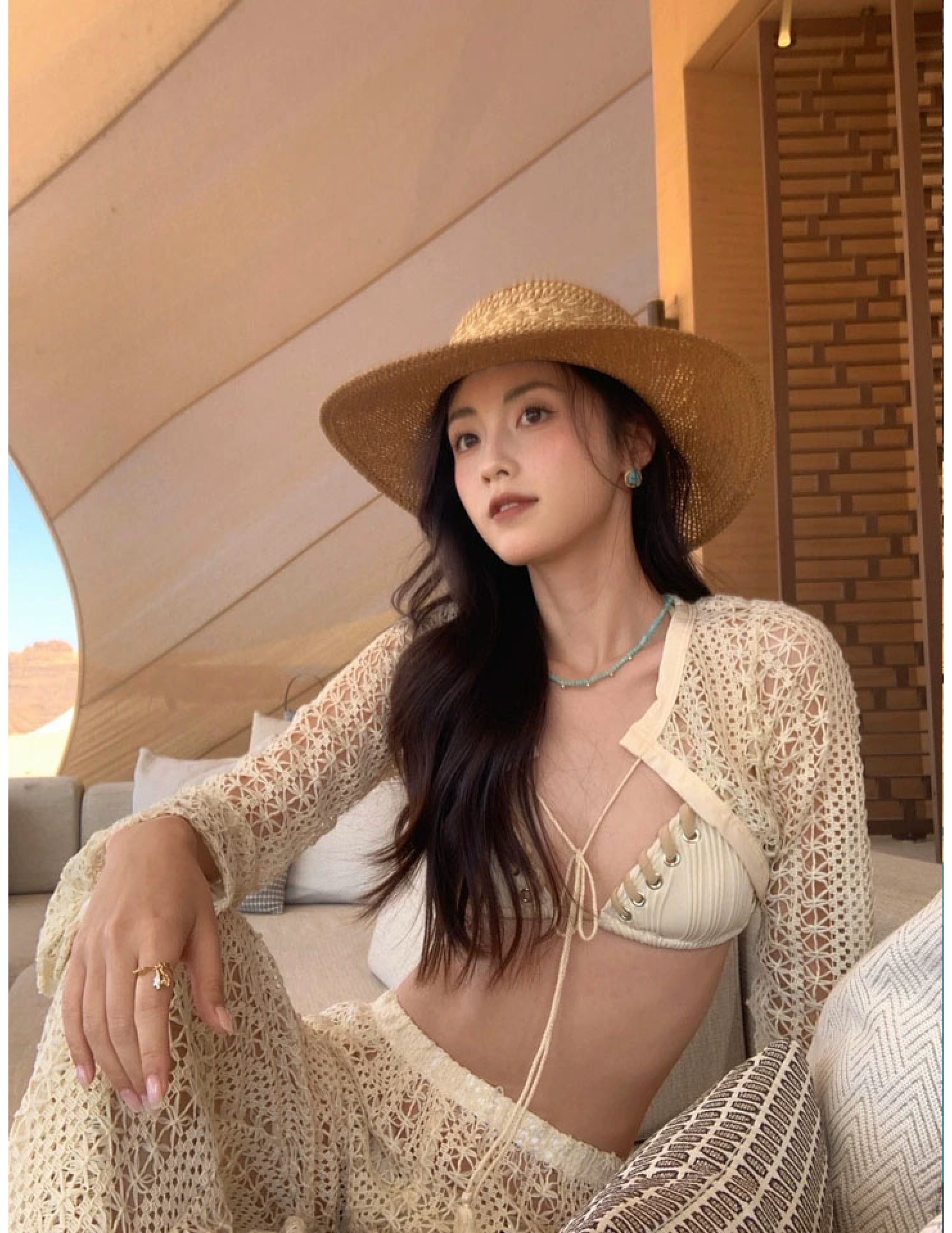 HSPN6602001 海島辣妹度假風格復古針織比基尼性感顯瘦溫泉長褲泳衣女