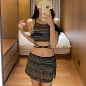 HSPN6612001 新款條紋分身裙式高腰遮肚顯瘦兩件套保守掛脖溫泉泳衣女