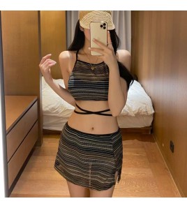 HSPN6612001 新款條紋分身裙式高腰遮肚顯瘦兩件套保守掛脖溫泉泳衣女