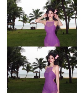 HSPN6616001 顯白紫色鏤空露背溫泉度假沙灘裙式連身泳衣女