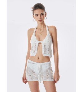 HSPN665001 White Sexy Halter Neck Knit Top 4-Piece Beach Bikini Swimsuit Cover-Up Fashion Set for Women