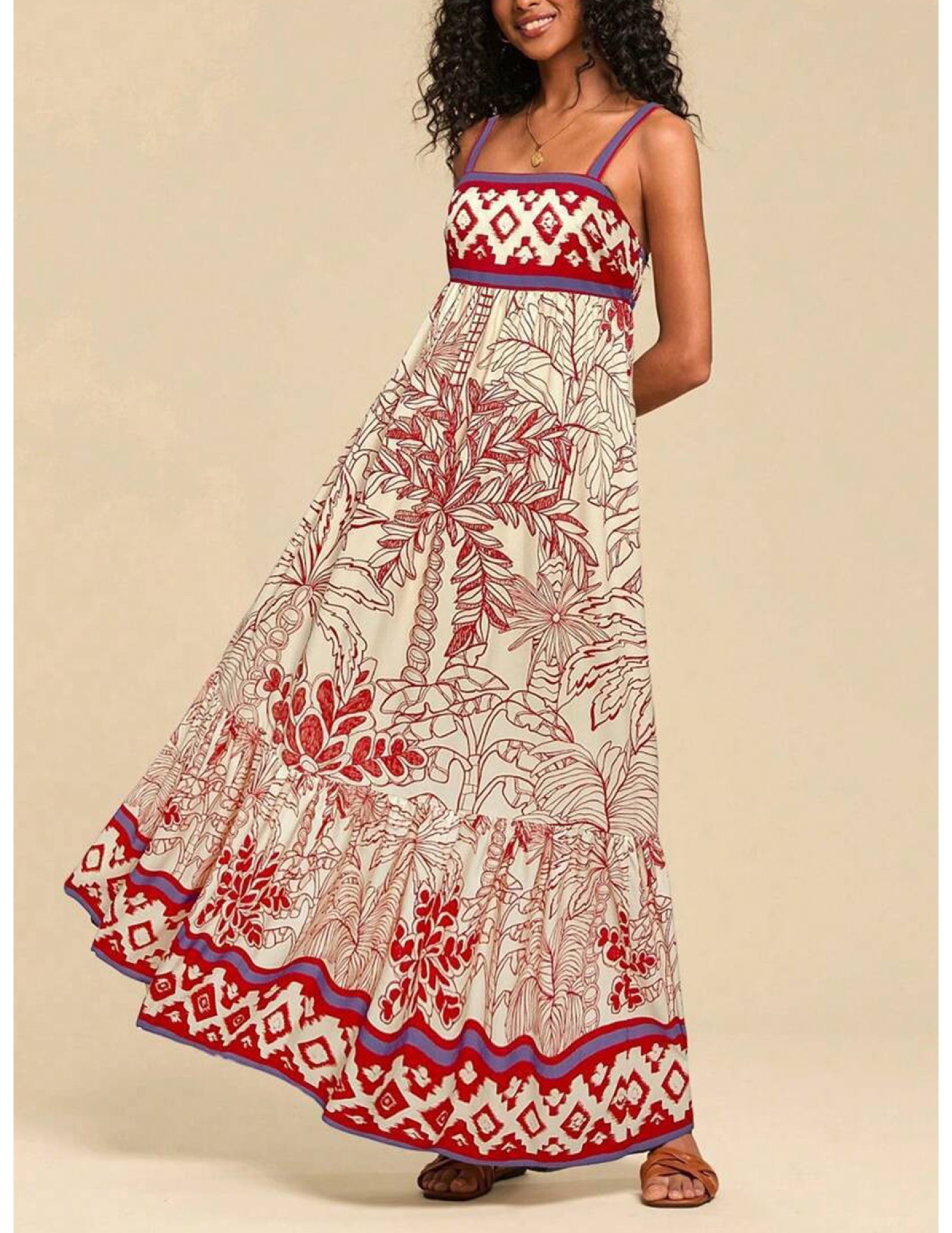 FCSE6704001 Resort Style Bohemian Printed Spaghetti Strap Loose High-Waisted Maxi Dress