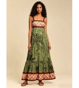 FCSE6704001 Resort Style Bohemian Printed Spaghetti Strap Loose High-Waisted Maxi Dress