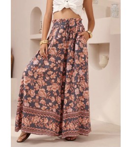 FCSE6715001 Brand New Casual Pants, Tropical Print, Loose Fit, Plus Size Women's Wide Pants