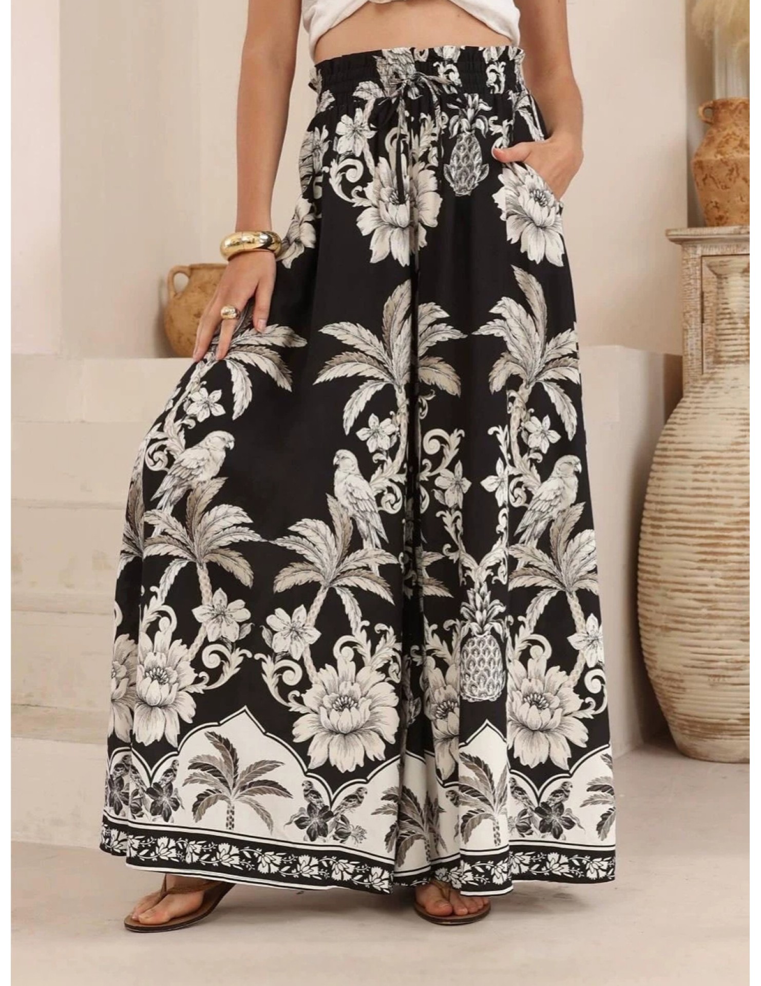 FCSE6715001 Brand New Casual Pants, Tropical Print, Loose Fit, Plus Size Women's Wide Pants