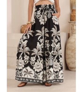 FCSE6715001 Brand New Casual Pants, Tropical Print, Loose Fit, Plus Size Women's Wide Pants
