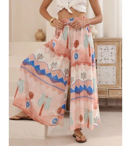 FCSE6715001 Brand New Casual Pants, Tropical Print, Loose Fit, Plus Size Women's Wide Pants