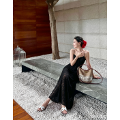 FCSE6716001 Slim-fit, tie-up green halter top, perfect for summer, beautiful, elegant, waist-cinching, and hip-hugging long skirt.