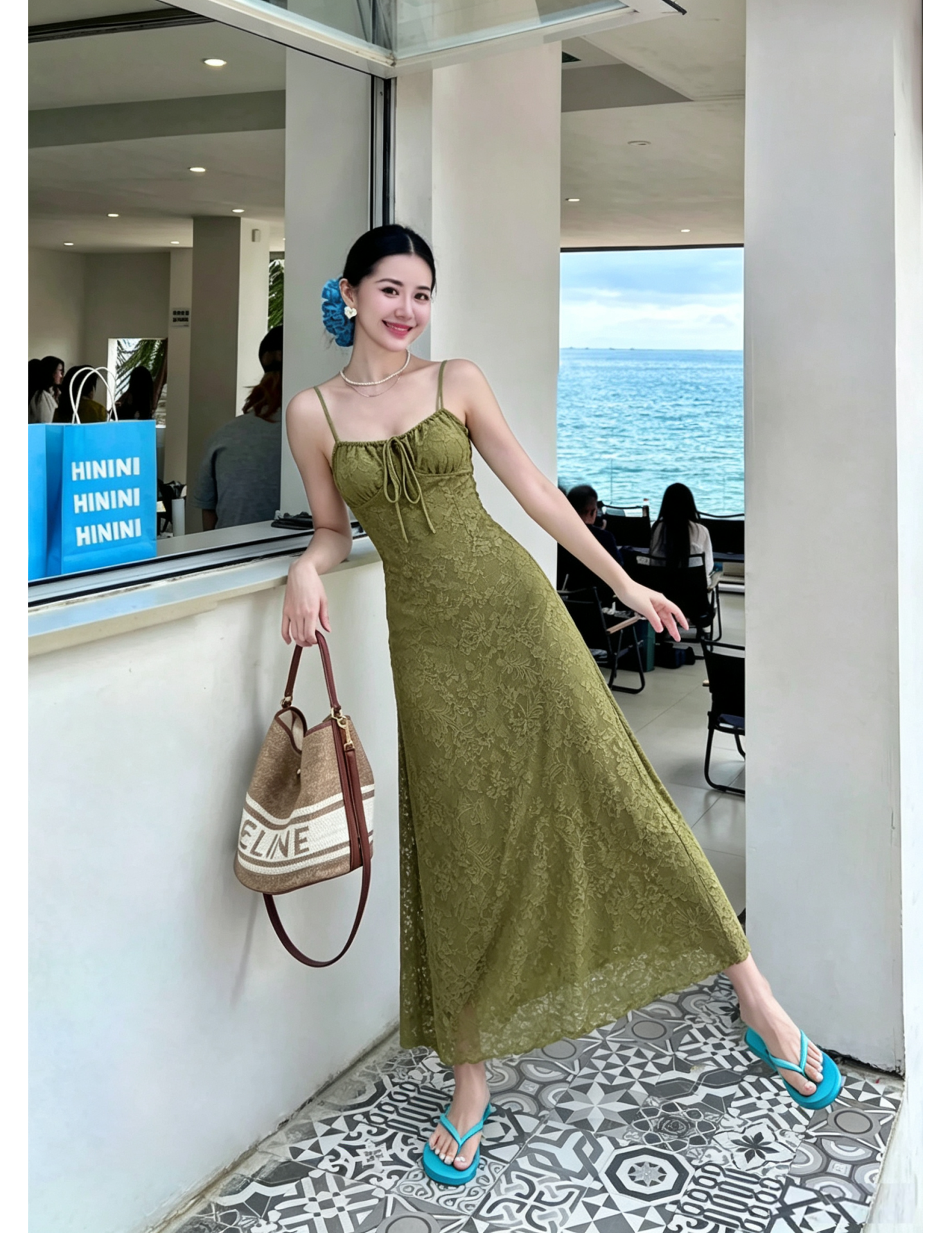FCSE6716001 Slim-fit, tie-up green halter top, perfect for summer, beautiful, elegant, waist-cinching, and hip-hugging long skirt.