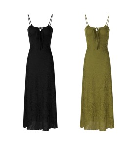 FCSE6716001 Slim-fit, tie-up green halter top, perfect for summer, beautiful, elegant, waist-cinching, and hip-hugging long skirt.