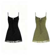 FCSE6716002 Slim-fit, tie-up green halter top, perfect for summer, beautiful, elegant, waist-cinching, and hip-hugging short skirt.