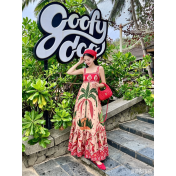 FCSE6717001 Resort Style Bohemian Printed Spaghetti Strap Loose High-Waisted Maxi Dress