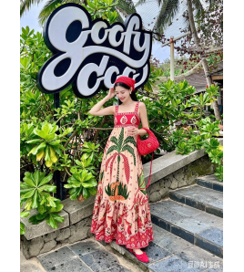 FCSE6717001 Resort Style Bohemian Printed Spaghetti Strap Loose High-Waisted Maxi Dress