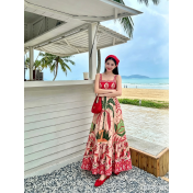 FCSE6717001 Resort Style Bohemian Printed Spaghetti Strap Loose High-Waisted Maxi Dress