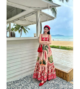 FCSE6717001 Resort Style Bohemian Printed Spaghetti Strap Loose High-Waisted Maxi Dress