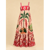 FCSE6717001 Resort Style Bohemian Printed Spaghetti Strap Loose High-Waisted Maxi Dress