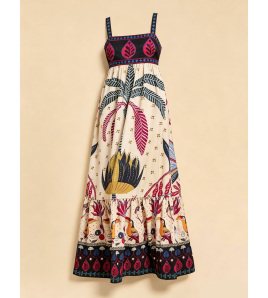 FCSE6717001 Resort Style Bohemian Printed Spaghetti Strap Loose High-Waisted Maxi Dress