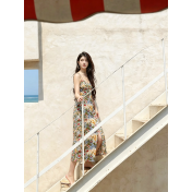 FCSE67197001 French resort style high-waisted slim fit sexy elegant commuter dress with irregular design floral print