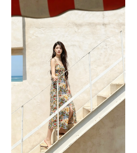 FCSE67197001 French resort style high-waisted slim fit sexy elegant commuter dress with irregular design floral print