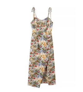 FCSE67197001 French resort style high-waisted slim fit sexy elegant commuter dress with irregular design floral print