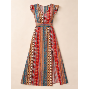 FCSE67270001 Bohemian Knit Slim Fit V-Neck Waist-cinching Slit Dress