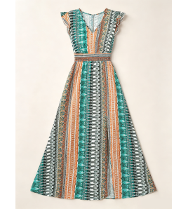 FCSE67270001 Bohemian Knit Slim Fit V-Neck Waist-cinching Slit Dress