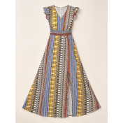 FCSE67270001 Bohemian Knit Slim Fit V-Neck Waist-cinching Slit Dress