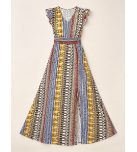 FCSE67270001 Bohemian Knit Slim Fit V-Neck Waist-cinching Slit Dress