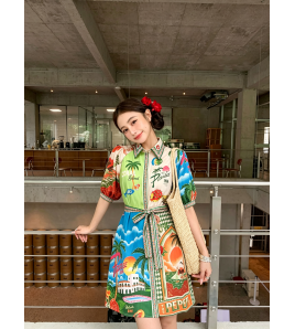FCSE67310001 Casual Fashion Printed Shirt Cardigan Elegant and Versatile Dress