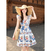 FCSE6705001 Brand New Tropical Print Casual Vacation Dress, New Summer Sleeveless Women's Wear