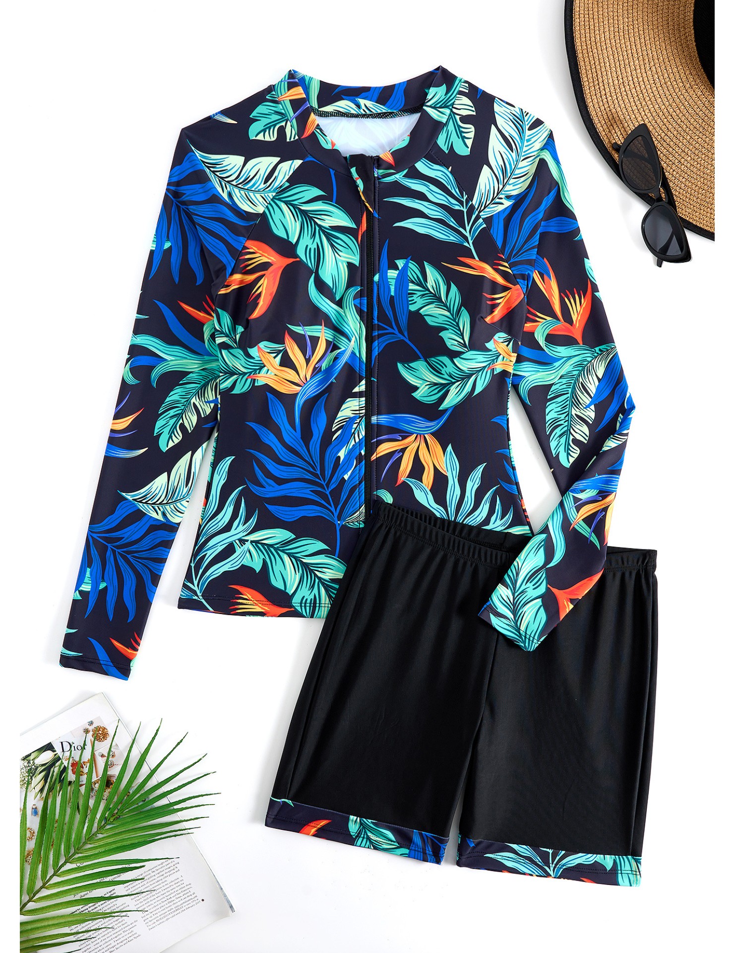 LYXN6711001 Women's Two-Piece Swimsuit with Boxer Briefs, Long Sleeve, Zipper, Sun Protection Sports Suit, Surf Suit Swimwear