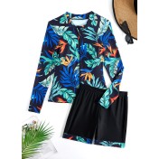 LYXN6711001 Women's Two-Piece Swimsuit with Boxer Briefs, Long Sleeve, Zipper, Sun Protection Sports Suit, Surf Suit Swimwear