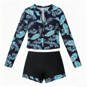 LYXN6711001 Women's Two-Piece Swimsuit with Boxer Briefs, Long Sleeve, Zipper, Sun Protection Sports Suit, Surf Suit Swimwear