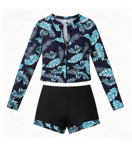 LYXN6711001 Women's Two-Piece Swimsuit with Boxer Briefs, Long Sleeve, Zipper, Sun Protection Sports Suit, Surf Suit Swimwear