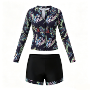 LYXN6711001 Women's Two-Piece Swimsuit with Boxer Briefs, Long Sleeve, Zipper, Sun Protection Sports Suit, Surf Suit Swimwear