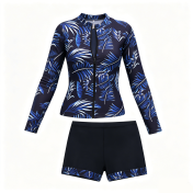 LYXN6711001 Women's Two-Piece Swimsuit with Boxer Briefs, Long Sleeve, Zipper, Sun Protection Sports Suit, Surf Suit Swimwear