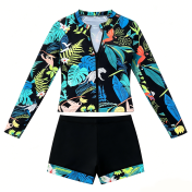 LYXN6711001 Women's Two-Piece Swimsuit with Boxer Briefs, Long Sleeve, Zipper, Sun Protection Sports Suit, Surf Suit Swimwear