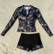 LYXN6711001 Women's Two-Piece Swimsuit with Boxer Briefs, Long Sleeve, Zipper, Sun Protection Sports Suit, Surf Suit Swimwear