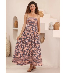 FCSE6806002 Zebra Print French High-Waisted Resort Maxi Dress for Women